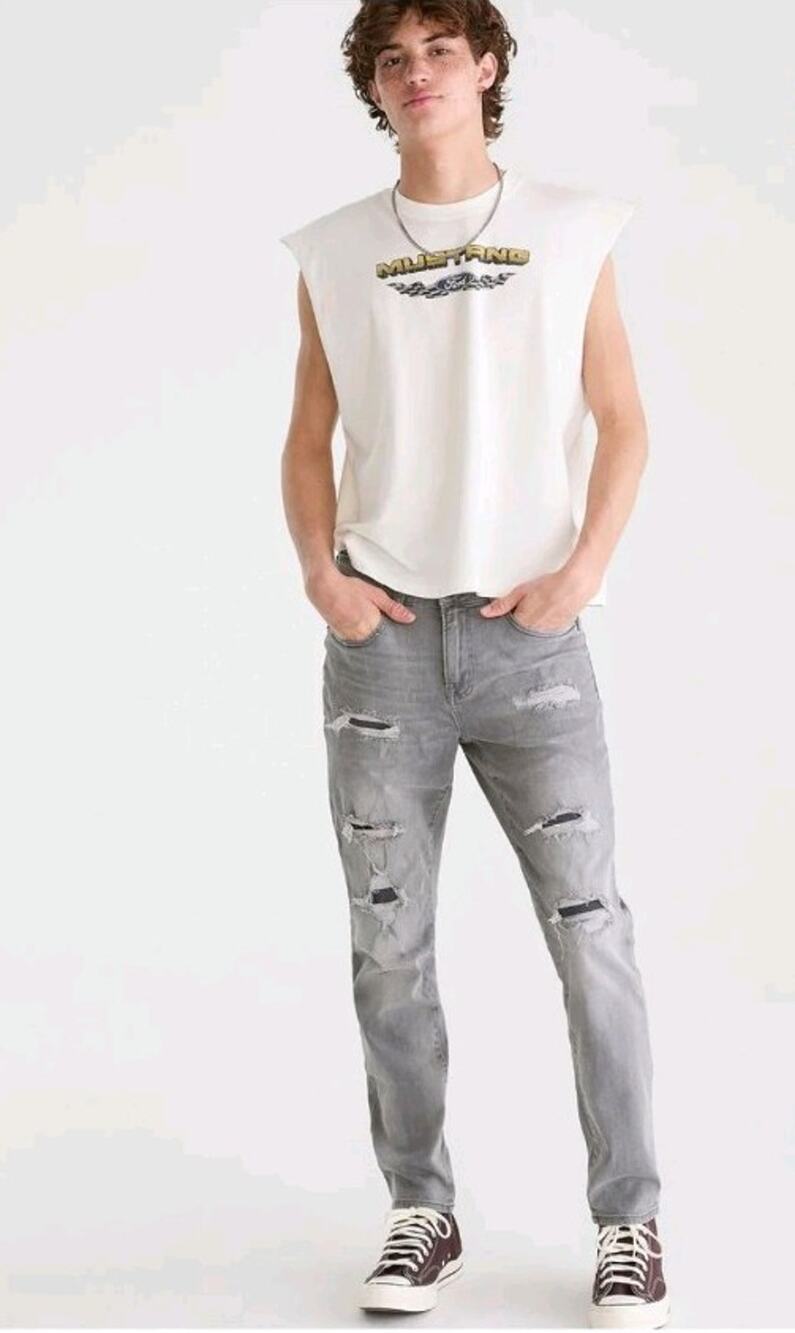 Aeropastle Men's Grey Distressed Skinny Stretch Denim Jeans Size 28 X 30